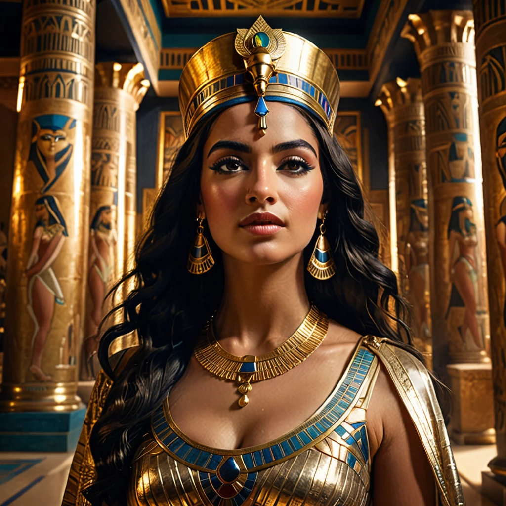 (half length portrait:1.4), low angle:1.4, cleopatra, a beautiful woman with long dark hair, detailed face, deep eyes, full lips, wearing a golden crown, in a lavish ancient Egyptian palace interior, dramatic lighting, ornate columns, rich fabrics, (best quality,4k,8k,highres,masterpiece:1.2),ultra-detailed,(realistic,photorealistic,photo-realistic:1.37),intricate details,cinematic lighting,chiaroscuro,dramatic shadows,warm color palette,dramatic poses, beautiful egyptian queen,regal,elegant,majestic