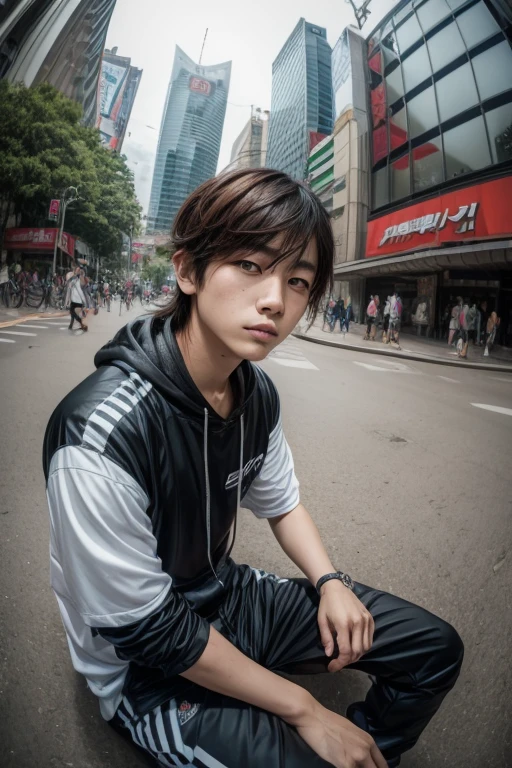 asian man sitting on the ground in front of a building, wideangle portrait, wide angle dynamic portrait, anime style mixed with fujifilm, wide - angle portrait, fisheye portrait, sitting in monas jakarta, indonesian streetwear, in the streets of jakarta, portrait of a indonesia teen, wearing japanese techwear, wide angle + masterpiece, shibuya shibuya looks like jungkook with a beautiful mullet hair