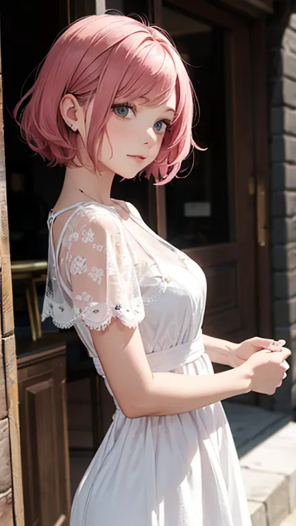 alcanevi, a woman with medium-short pink hair wearing a white dress, woman&#39;s face, unreal engine character art, portraiture、...