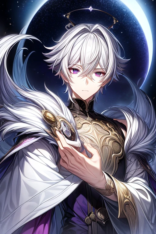(masterpiece, best quality, perfect face, expressive eyes), 1boy, (anime), (male), intricate details, white hair, purple eyes, white prince attire, white fur shoulder cape, silver crown, moon background,
