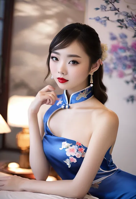 beautiful chinese 18 year old woman, blue silk qipao, photorealistic, masterpiece, tight clothes, large breasts, lipstick, beaut...