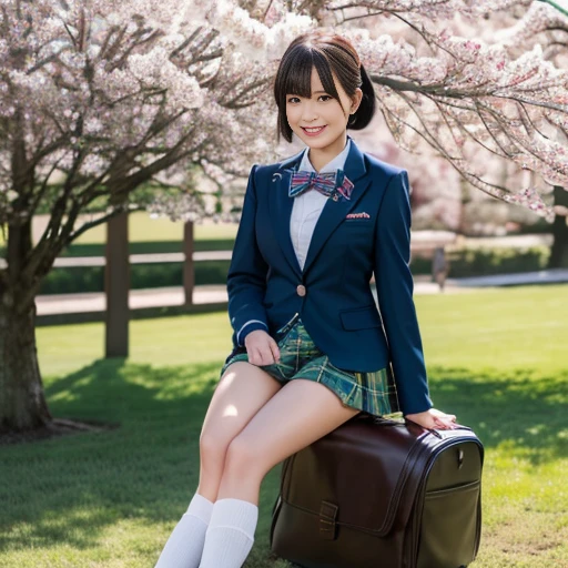 (Highest quality,8K),(smile),(Cowboy Shot),(school uniform),(Sports Bags),(1 bag),(Navy Blue Blazer),(The blazer is long),A bow tie,(Green tartan skirt),(White socks),Long face,Black Bob,Cherry tree,Sit with one leg up、A detailed depiction of panties、