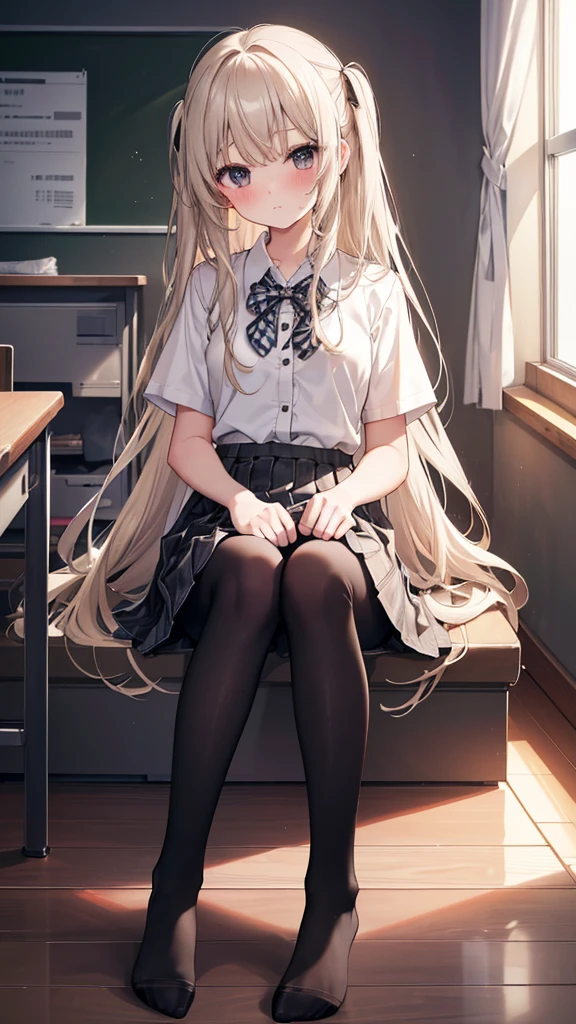 (8K、Best image quality、Highest quality、masterpiece)、One tall girl、((whole body))、Sit on the floor with your legs spread、White panties are visible、Long Hair、Wavy Hair、blush、Medium Bust、White collared shirt、Short sleeve、((Checkered pleated mini skirt))、Classroom Background、((black tights))、Black Pantyhose、((No shoes))