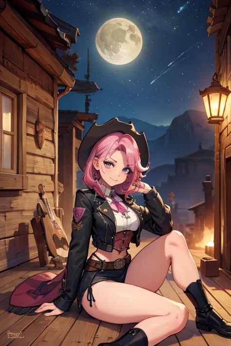 a pink haired female cowgirl with violet eyes with an hourglass figure in a conservative cowgirl outfit is sitting on the roof o...