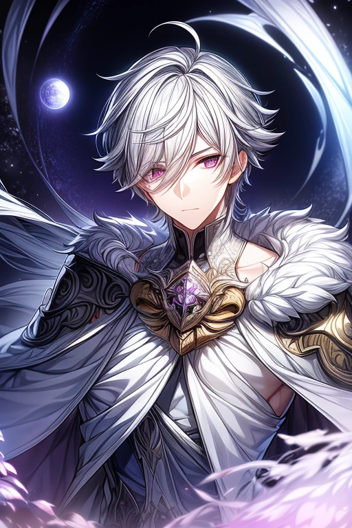 (masterpiece, best quality, perfect face, expressive eyes), 1boy, (anime), (male), intricate details, white hair, purple eyes, white prince attire, white fur shoulder cape, (silver wreath), moon background,