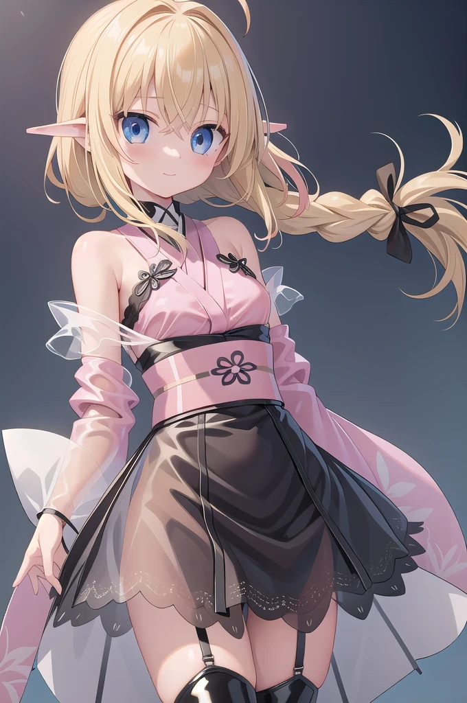 1girl,solo,cowboy shot,(standard height),standing,(blonde hair:1.4),long hair,twin braids,ahoge,hair ribbon,(blue eyes:1.2),(beautiful fingers:1.4),(perfect anatomy:1.4),(arms_behind_back:1.4),(cold_shoulder:1.4),BREAK,(pink silk lace glossy lamé kimono:1.6),(leotard:1.2),(latex luster shiny glossy metallic:1.4),(shiny_clothes:1.4),(medium breasts:1.4),(masterpiece:1.2),best quality,(Ultra high definition eyes:1.2),8k,(Beautiful detailed eyes:1.2),(Fine and beautiful eyes:1.2),(pretty eyes:1.2),finely detail,extremely CG, absurdres,high resolution,illustration,Detailed and beautiful outlines,finely detail,high resolution,(colorful refraction:1.4,Increase saturation:1.2),beautiful lighting,dynamic lighting,closed room,black background,simple background, smile,looking at viewer,roxy, white dress, neck ribbon, black ribbon, brown cape,(white Clear PVC sheets sleeves:1.4),(sheer sleeves:1.4),(see-through sleeves:1.4),(wide sleeves:1.2),(pink thigh boots:1.2)