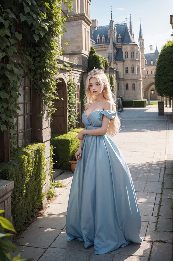 masterpiece, highres, high detailed,  intricate details, depth of field, 1 girl, queen, royal crown, Coronation Gown, queen dress, Evening Gown, outdoor background. The background is a luxurious castle, mildly clouds, best sunlight. There are 2 long flower beds besides the path, queen is standing on the path. Her face is gorgeous, beautiful, confident. She wears a lot of luxury jelweries. She has blue eyes, platinum blonde long shining hair. Behind her is the castle.