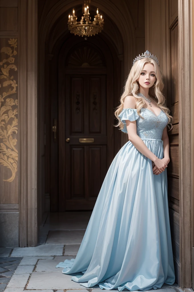 masterpiece, highres, high detailed,  intricate details, depth of field, 1 girl, queen, royal crown, Coronation Gown, queen dress, Evening Gown, outdoor background. The background is a luxurious castle, mildly clouds, best sunlight. There are 2 long flower beds besides the path, queen is standing on the path. Her face is gorgeous, beautiful, confident. She wears a lot of luxury jelweries. She has blue eyes, platinum blonde long shining hair. Behind her is the castle.