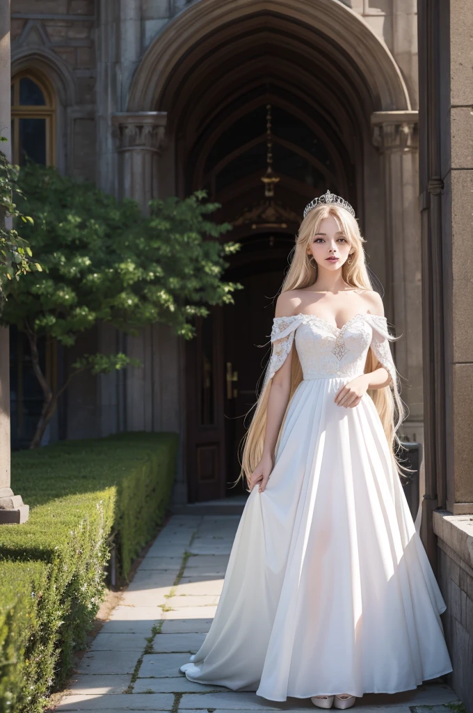 masterpiece, highres, high detailed,  intricate details, depth of field, 1 girl, queen, royal crown, Coronation Gown, queen dress, Evening Gown, outdoor background. The background is a luxurious castle, mildly clouds, best sunlight. There are 2 long flower beds besides the path, queen is standing on the path. Her face is gorgeous, beautiful, confident. She wears a lot of luxury jelweries. She has blue eyes, platinum blonde long shining hair. Behind her is the castle.