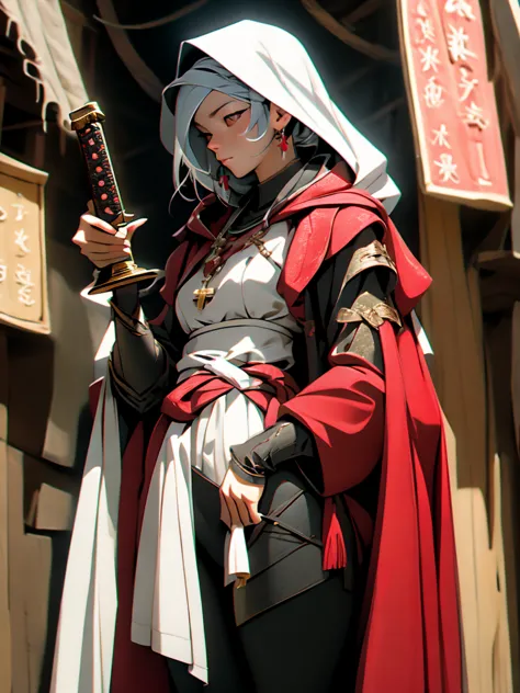 Little Red Riding Hood grew up to be a witcher，Holding a silver sword in his hand，Wearing tights，Cold personality，Wearing a sawe...
