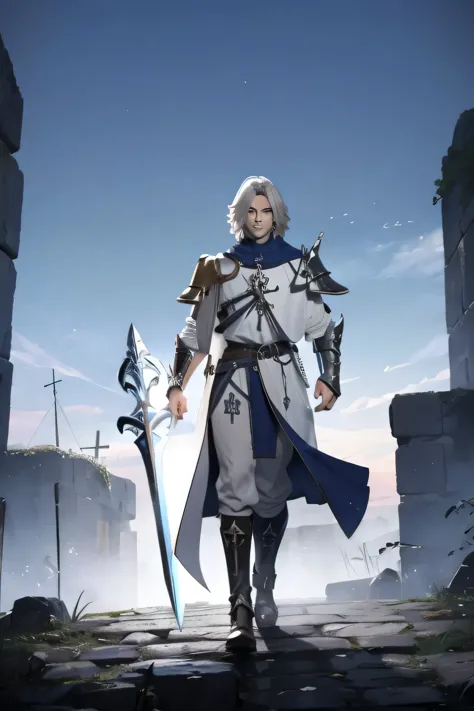a templar warrior with armor and sword with white and blue clothes ( qualidade maxima ) ( best definition ) Bblack hair 