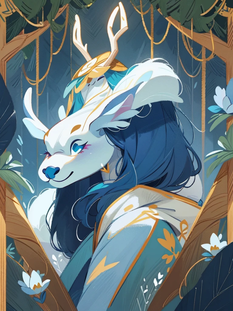 tarot, gold BORDER, mystical forest theme, masterpiece, best quality, extremely detailed, detailed background, detailed face, 1girl, full-body, solo, pale skin, dark blue hair, deer ears, white deer horns, happy expression, white jacket, blue flowers, good finger, perfect face, intricate details