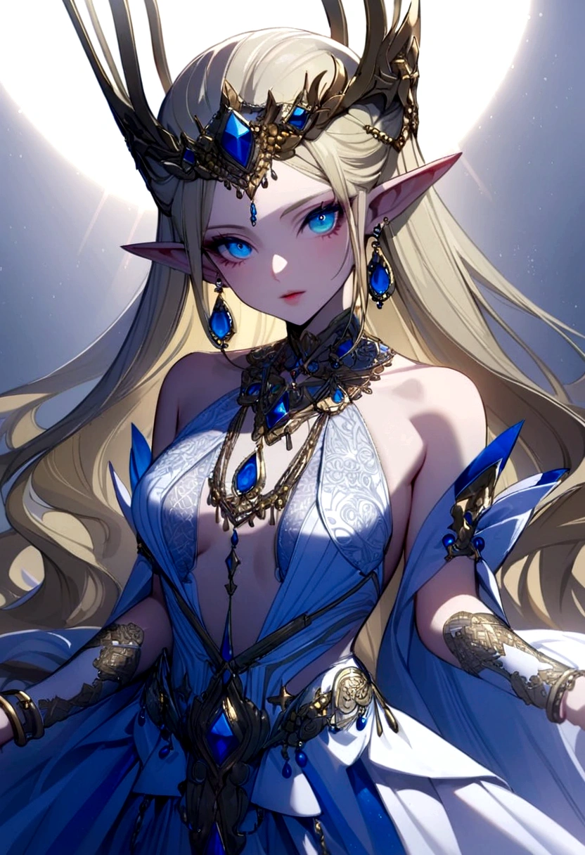 Adorned with luxurious accessories, the blonde-haired, blue-eyed busty elf queen captivates the viewer with her regal presence. Her gown, embroidered with gold and silver threads and intricately patterned with brightly colored threads, shimmers in the ethereal light. Ears adorned with pierced earrings sparkle, an elegant necklace adorns the slender neck, and rings and bangles adorn the fingers.