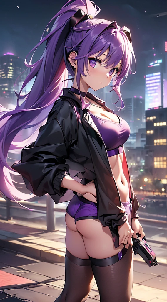 top-quality、Top image quality、​masterpiece、girl with((18year old、Best Bust、big bast,Beautiful purple eyes、Breasts wide open, Purple ponytail、A slender、Large valleys、Purple Sports Bra、Black jacket,Purple shorts,Red high heels、Reflecting the whole body、Purple Necklace、Red face、Slippery texture、Headphones on the head,Holding your phone in your hand、Flying Attack Drone、posterior view、emphasis on the buttocks、Anxious face)）hiquality、Beautiful Art、Background with((A city that shines at night)))、,masutepiece、visualart、depth of fields、