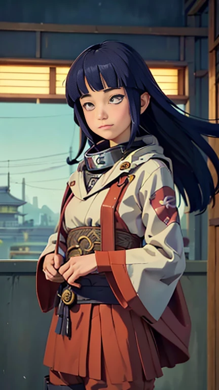 (8k),(masterpiece),(Japanese),(8-year-old girl),((innocent look)),((Beautiful)),From the front and above,smile,cute,Innocent,Kind eyes,flat chest, Slender,Hairless vagina,red cape, Hinata Hyuga costume, semi-lomg,Hair blowing in the wind,dark blue Hair,strong wind,night, Cyberpunk Konoha village