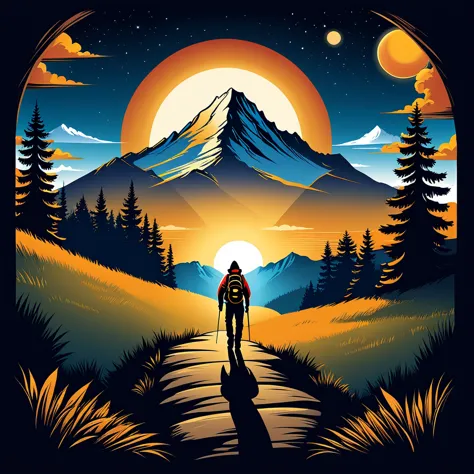 print ready vector t-shirt design, adventure scene with explorer, with beautiful nocturnal sun and mountain in the background, c...