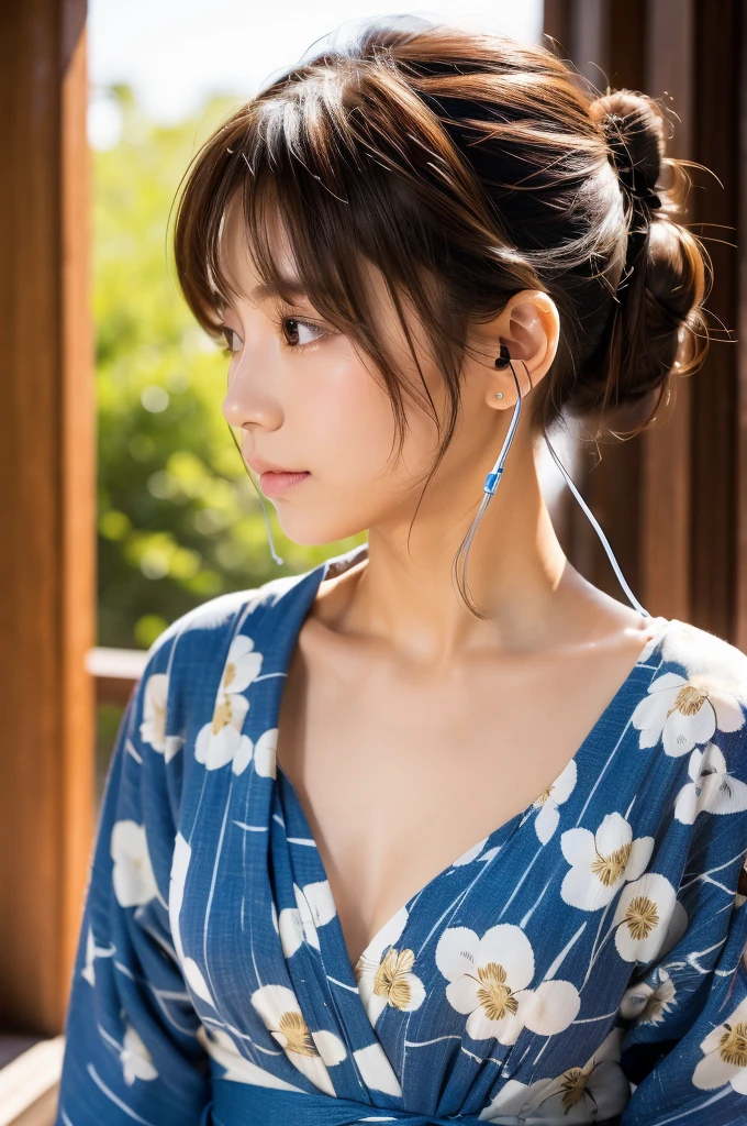 Earphones in ears,A bun is tied up,hair color brown,yukata