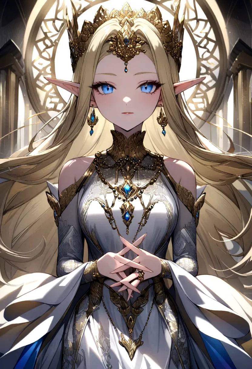 adorned with luxurious accessories, the blonde-haired, blue-eyed elf queen captivates the viewer with her regal presence. her go...