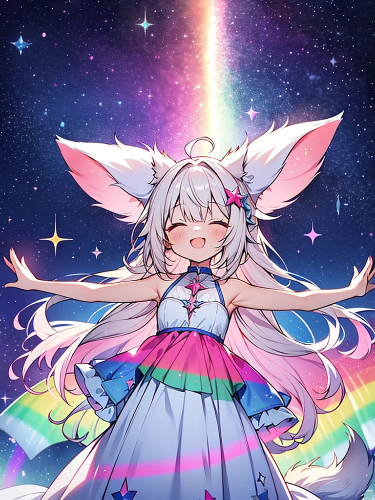 Anime-Stil,Lolishotas,Wolfsohren, Schwanz,Regenbogen-7-Farben-Farbverlauf-Sterne glitzern strahlend, leuchtendes Prisma Aurora Borealis Schimmerndes Kleid,In den Himmel fliegen, Strahlend wie eine Göttin, Sie ist wirklich göttlich,Arme waagerecht ausbreiten,Lachen,