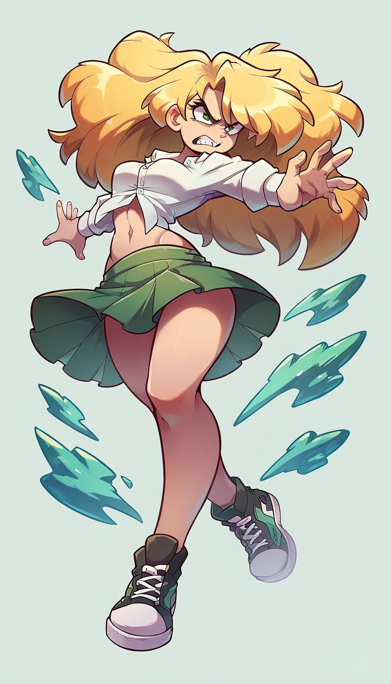 A tall girl beautiful angry upset face angry serious long wavy yellow hair her green eye wears a white shirt button tied knot shows navel sexy curve and her green skirt wearing black heels sneakers fighting combat battle