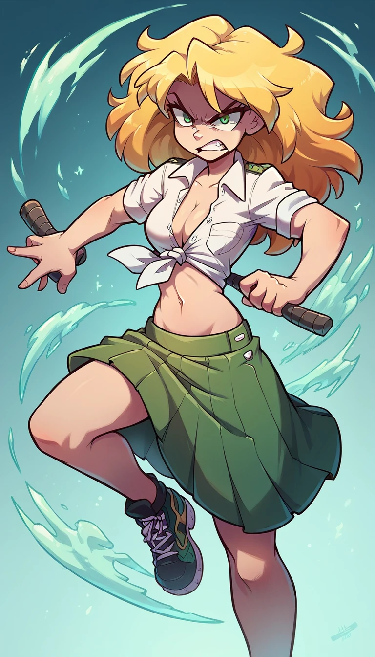 A tall girl beautiful angry upset face angry serious long wavy yellow hair her green eye wears a white shirt button tied knot shows navel sexy curve and her green skirt wearing black heels sneakers fighting combat battle