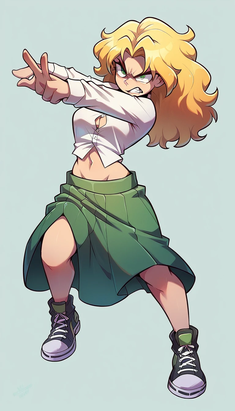 A tall girl beautiful angry upset face angry serious long wavy yellow hair her green eye wears a white shirt button tied knot shows navel sexy curve and her green skirt wearing black heels sneakers fighting combat battle