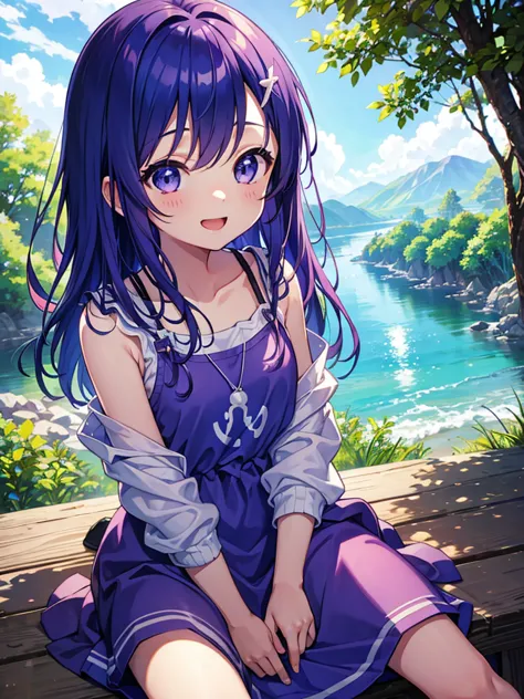 blue sky、forest、Sunshine、One girl、Big Eyes、Purple Hair、long hair、Sitting on a big tree、Pink camisole、hoodie、Chuck open、Smile wit...