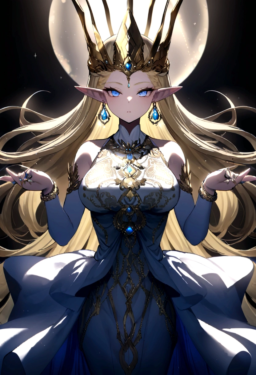 Adorned with luxurious accessories, the blonde-haired, blue-eyed elf queen captivates the viewer with her regal presence. Her gown, embroidered with gold and silver threads and intricately patterned with brightly colored threads, shimmers in the ethereal light. Ears adorned with pierced earrings sparkle, an elegant necklace adorns the slender neck, and rings and bangles adorn the fingers. giga_busty