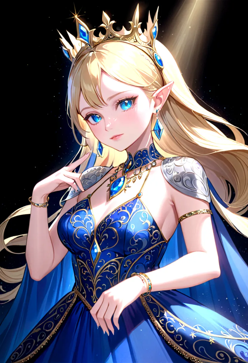 Adorned with luxurious accessories, the blonde-haired, blue-eyed elf queen captivates the viewer with her regal presence. Her go...