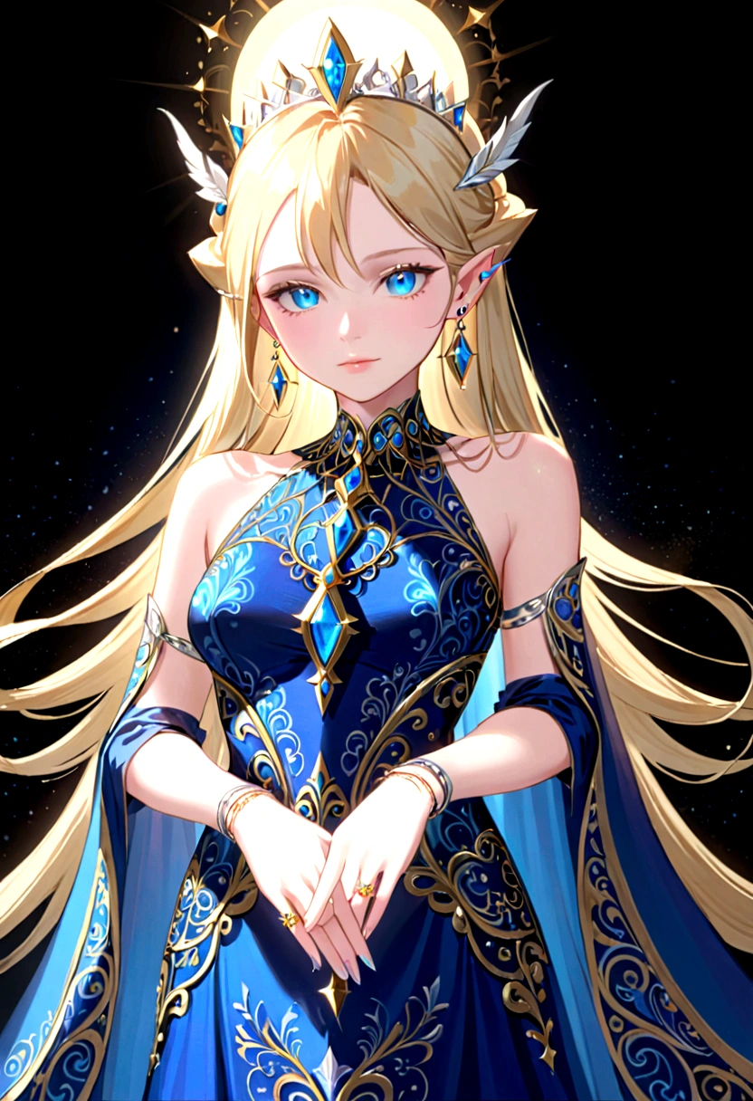 Adorned with luxurious accessories, the blonde-haired, blue-eyed elf queen captivates the viewer with her regal presence. Her gown, embroidered with gold and silver threads and intricately patterned with brightly colored threads, shimmers in the ethereal light. Ears adorned with pierced earrings sparkle, an elegant necklace adorns the slender neck, and rings and bangles adorn the fingers. giga_busty