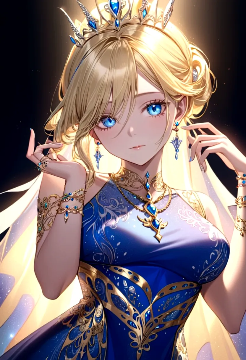 Adorned with luxurious accessories, the blonde-haired, blue-eyed elf queen captivates the viewer with her regal presence. Her go...