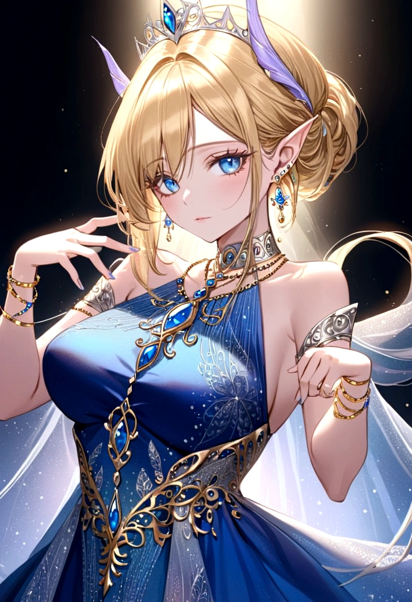 Adorned with luxurious accessories, the blonde-haired, blue-eyed elf queen captivates the viewer with her regal presence. Her gown, embroidered with gold and silver threads and intricately patterned with brightly colored threads, shimmers in the ethereal light. Ears adorned with pierced earrings sparkle, an elegant necklace adorns the slender neck, and rings and bangles adorn the fingers. giga_busty