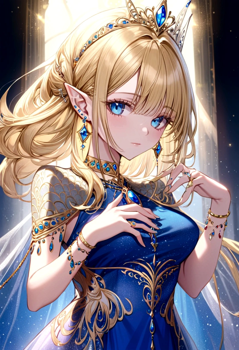 Adorned with luxurious accessories, the blonde-haired, blue-eyed elf queen captivates the viewer with her regal presence. Her gown, embroidered with gold and silver threads and intricately patterned with brightly colored threads, shimmers in the ethereal light. Ears adorned with pierced earrings sparkle, an elegant necklace adorns the slender neck, and rings and bangles adorn the fingers. giga_busty