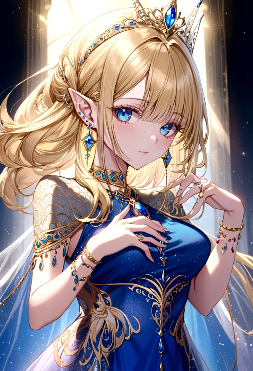 Adorned with luxurious accessories, the blonde-haired, blue-eyed elf queen captivates the viewer with her regal presence. Her go...
