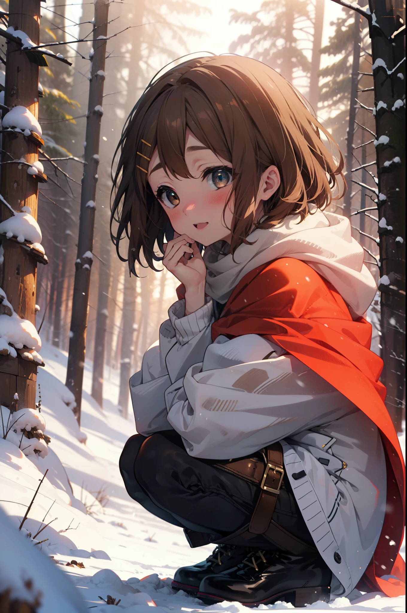 yuihirasawa, Yui Hirasawa, short hair, Brown Hair, hair ornaments, (Brown eyes:1.5), Hair Clip、smile,smile,blush,White Breath,
Open your mouth,snow,Ground bonfire,, Outdoor, boots, snowing, From the side, wood, suitcase, Cape, Blurred, , forest, White handbag, nature,  Squat, Mouth closed, Cape, winter, Written boundary depth, Black shoes, red Cape break looking at viewer, Upper Body, whole body, break Outdoor, forest, nature, break (masterpiece:1.2), Highest quality, High resolution, unity 8k wallpaper, (shape:0.8), (Beautiful and beautiful eyes:1.6), Highly detailed face, Perfect lighting, Extremely detailed CG, (Perfect hands, Perfect Anatomy),