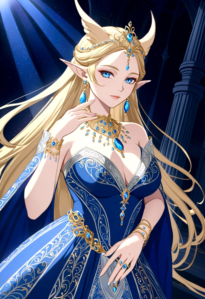 Adorned with luxurious accessories, the blonde-haired, blue-eyed elf queen captivates the viewer with her regal presence. Her gown, embroidered with gold and silver threads and intricately patterned with brightly colored threads, shimmers in the ethereal light. Ears adorned with pierced earrings sparkle, an elegant necklace adorns the slender neck, and rings and bangles adorn the fingers. giga_busty