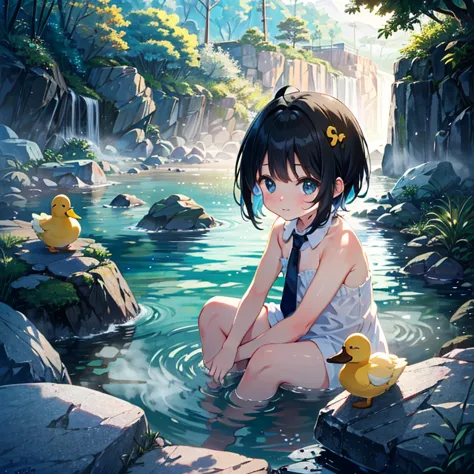 Natural hot springs，Lots of steam，Open-air bath，(A large rock bath surrounded by rocks), Girl takes a big deep bath，naked，Three ...