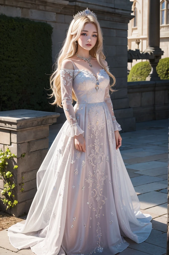 masterpiece, highres, high detailed,  intricate details, depth of field, 1 girl, queen, royal crown, Coronation Gown, queen dress, Evening Gown, outdoor background. The background is a luxurious castle, mildly clouds, best sunlight. There are 2 long flower beds besides the path, queen is standing on the path. Her face is gorgeous, beautiful, confident. She wears a lot of luxury jelweries. She has blue eyes, platinum blonde long shining hair. Behind her is the castle.