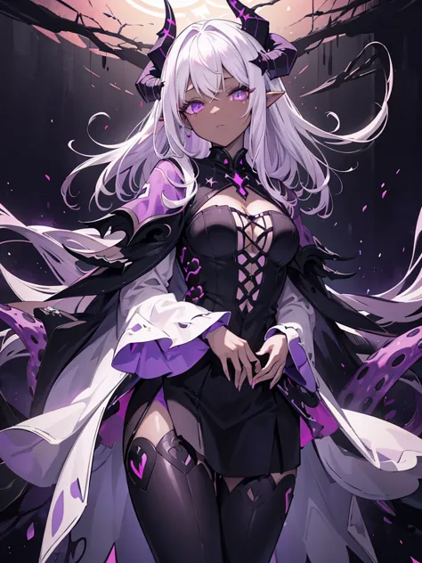 absurdres, ((high-resolution)), ultra detailed, vivid colors, abyssal goddess, dark skin, horns, white hair, ((medium hair:1.2))...