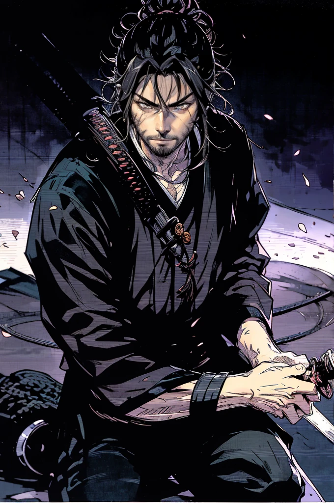 a close up of a person holding a katana in a dark room, evil male sorcerer, portrait of samurai, handsome guy in demon slayer art, dark cloaked necromancer, musashi miyamoto, standing, fighting stance, looking at the viewer, front camera, eye level, handsome, beard, long hair, angry expression, drawing sword pose, a man holding his sword at his side, closed fist holding takana