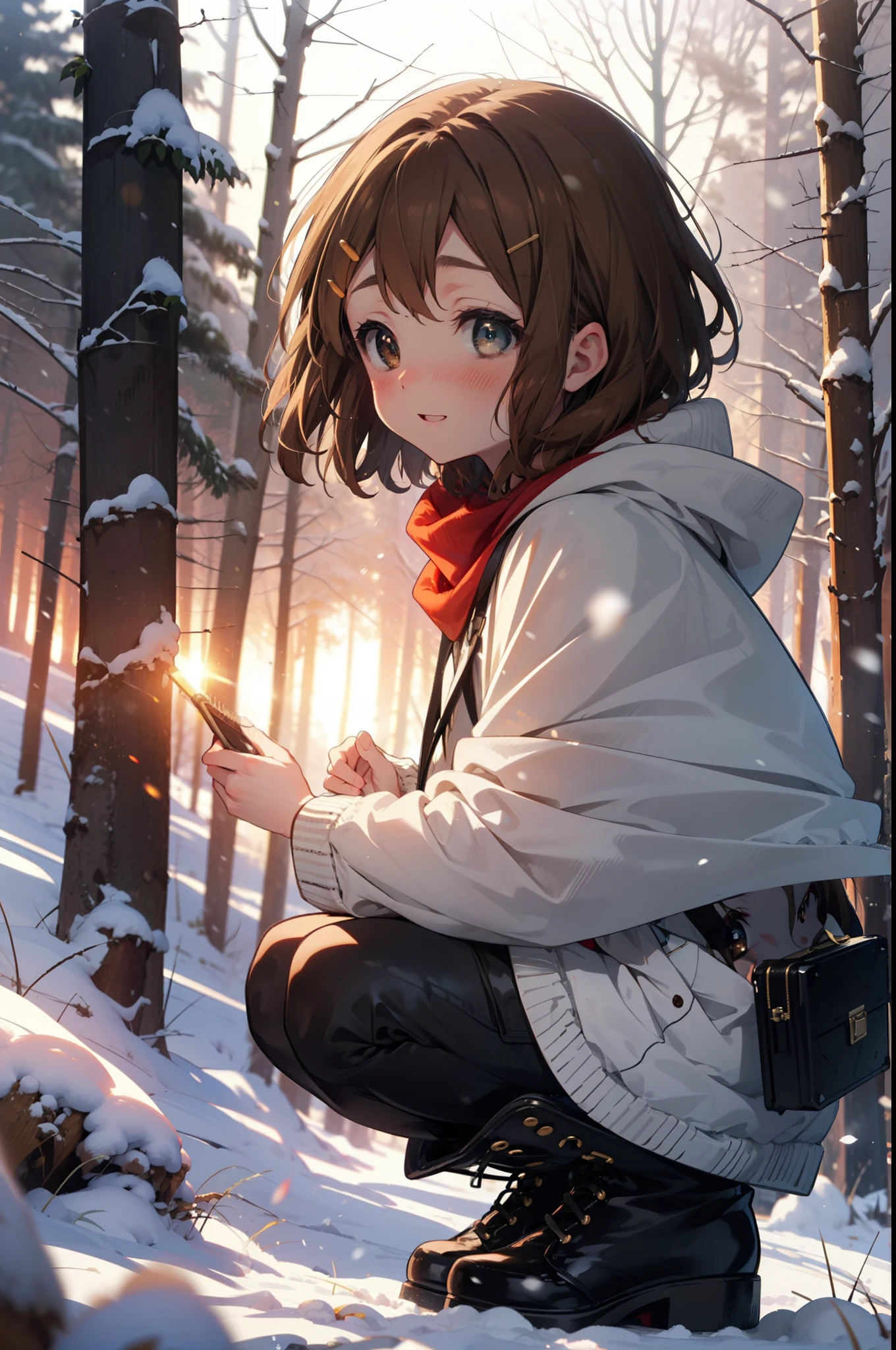 yuihirasawa, Yui Hirasawa, short hair, Brown Hair, hair ornaments, (Brown eyes:1.5), Hair Clip、smile,smile,blush,White Breath,
Open your mouth,snow,Ground bonfire,, Outdoor, boots, snowing, From the side, wood, suitcase, Cape, Blurred, , forest, White handbag, nature,  Squat, Mouth closed, Cape, winter, Written boundary depth, Black shoes, red Cape break looking at viewer, Upper Body, whole body, break Outdoor, forest, nature, break (masterpiece:1.2), Highest quality, High resolution, unity 8k wallpaper, (shape:0.8), (Beautiful and beautiful eyes:1.6), Highly detailed face, Perfect lighting, Extremely detailed CG, (Perfect hands, Perfect Anatomy),