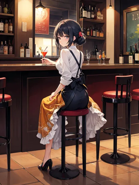 look back女, Long skirt, Anime style painting, An illustration, liquor, Woman sitting at a bar drinking a cocktail, look back, Lo...