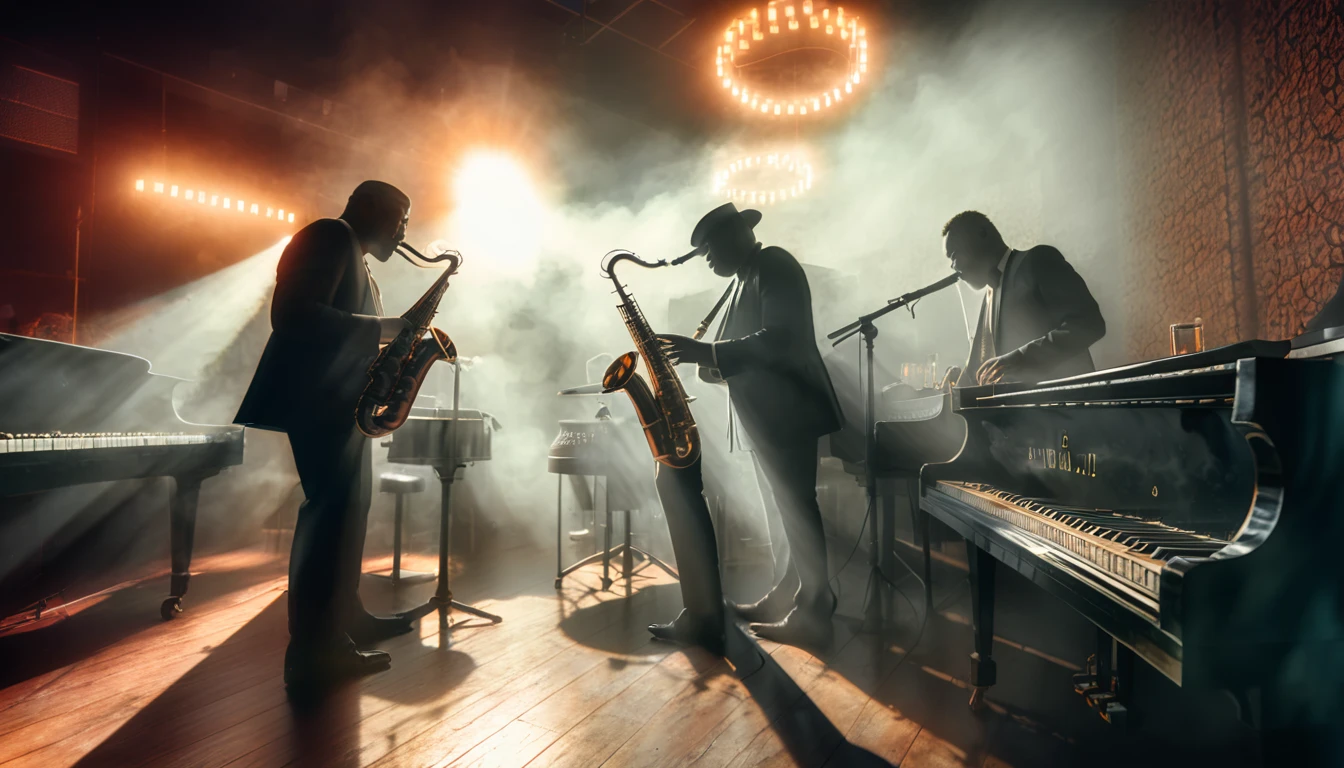 scene in a cozy jazz club, dark and smoky, three saxophonists of European appearance, insanely complex detail, Award-winning art, ray tracing, sharp focus, 8 k, HDR, masterpiece, professional, very detailed, perfect hands