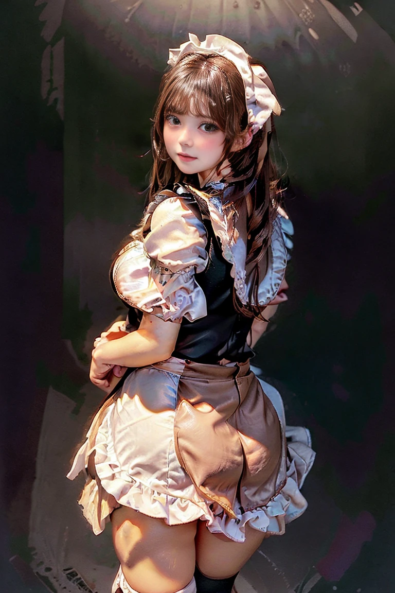 de la máxima calidad, Súper detallado, Alta resolución, Imágenes 8K),(chica muy hermosa:1.3)(Una chica), Pelo castaño, Gran cara y ojos., Ojos rosados, Sonrisa cautivadora, (Disfraz de maid cafe con volantes, minifalda plisada:1.5), (Disfraz de maid cafe abierta de par en par:1.2), senos expuestos, (chica increíblemente hermosa), Pelo castaño, Adornos para el cabello de moda,((Muéstrame tu)), ((Saca tu trasero)),(agacharse con las piernas separadas), ojos finos y hermosos,proporciones perfectas,(Desbordante grande),(Una foto de cuerpo entero desde atrás.), Chica muy hermosa y linda,22 no, fondo negro,(fondo negro sólido),alone,
