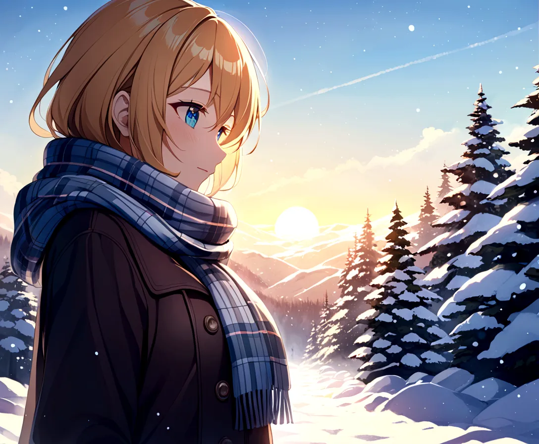 highest quality、masterpiece、kagamine len、mature、winter clothes、scarf、white sky、it&#39;s snowing a little