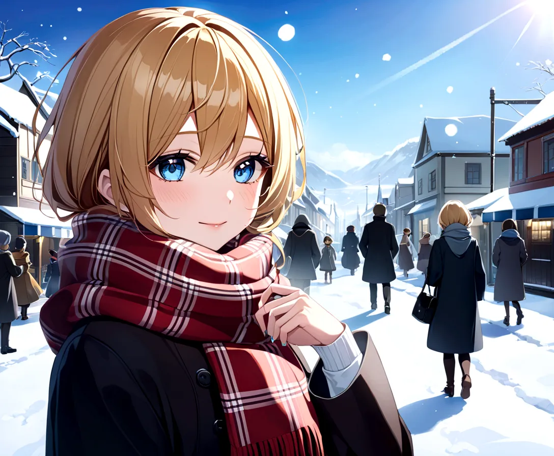 highest quality、masterpiece、kagamine len、mature、winter clothes、scarf、white sky、it&#39;s snowing a little