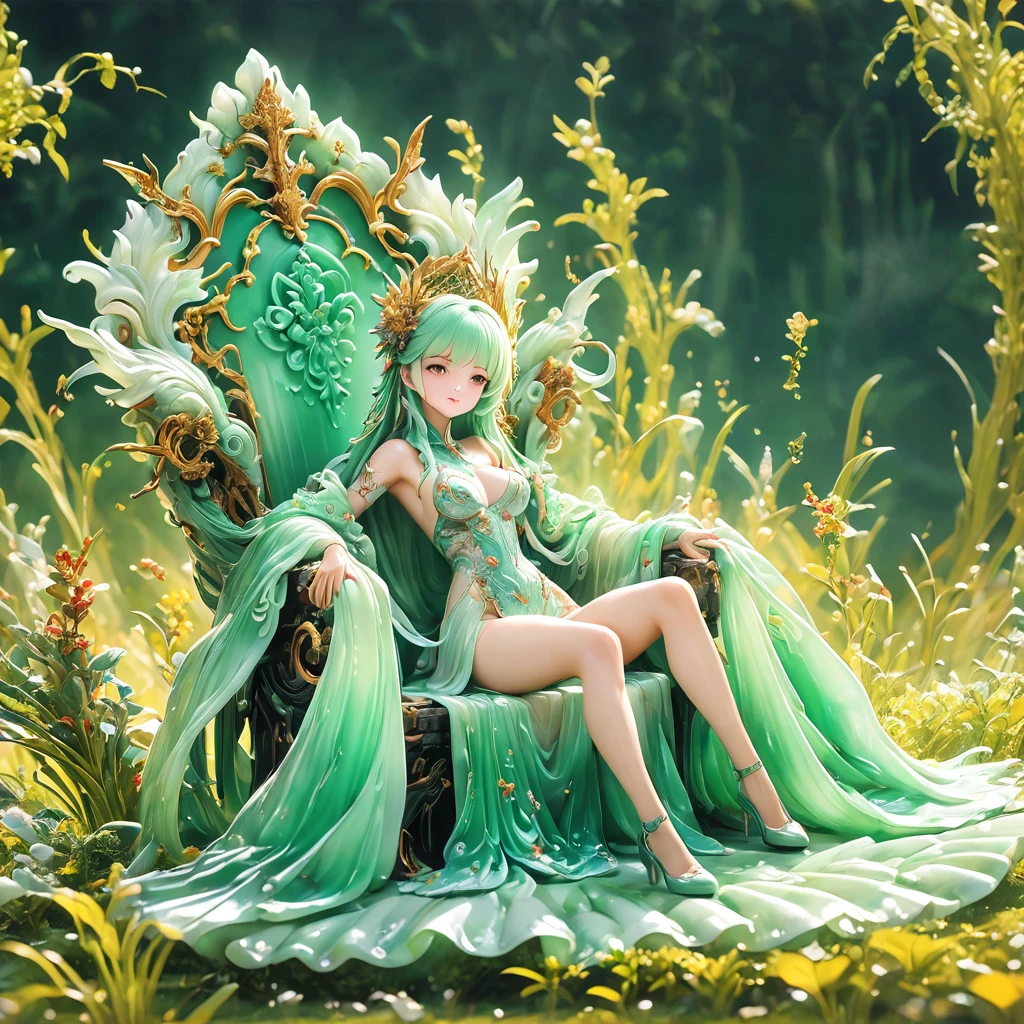 best quality, very good, 16K, ridiculous, Very detailed, gorgeous((( Throne 1.3)))，Made of translucent jadeite, Background grassland（（A masterpiece full of fantasy elements）））， （（best quality））， （（Intricate details））（8K）