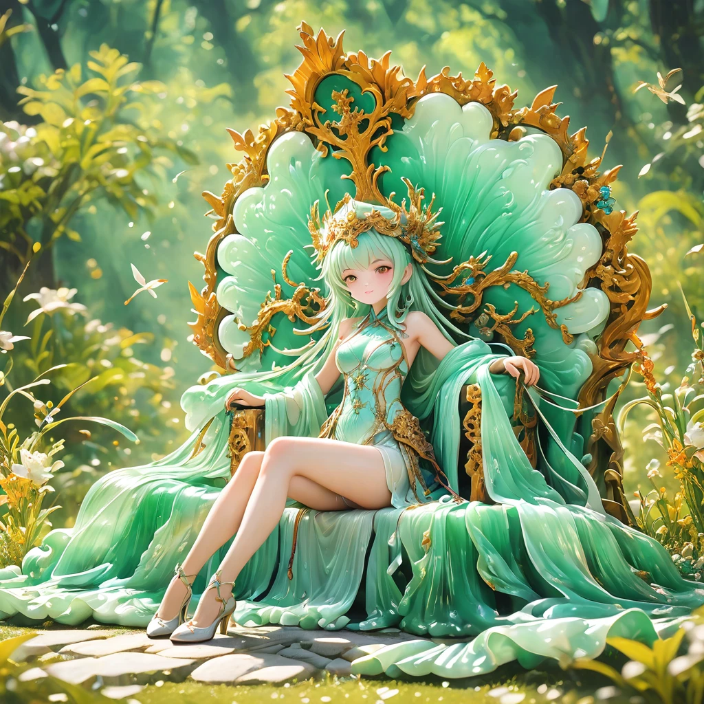 best quality, very good, 16K, ridiculous, Very detailed, gorgeous((( Throne 1.3)))，Made of translucent jadeite, Background grassland（（A masterpiece full of fantasy elements）））， （（best quality））， （（Intricate details））（8K）