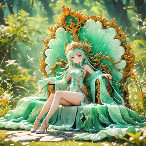 best quality, very good, 16k, ridiculous, very detailed, gorgeous((( throne 1.3)))，made of translucent jadeite, background grass...