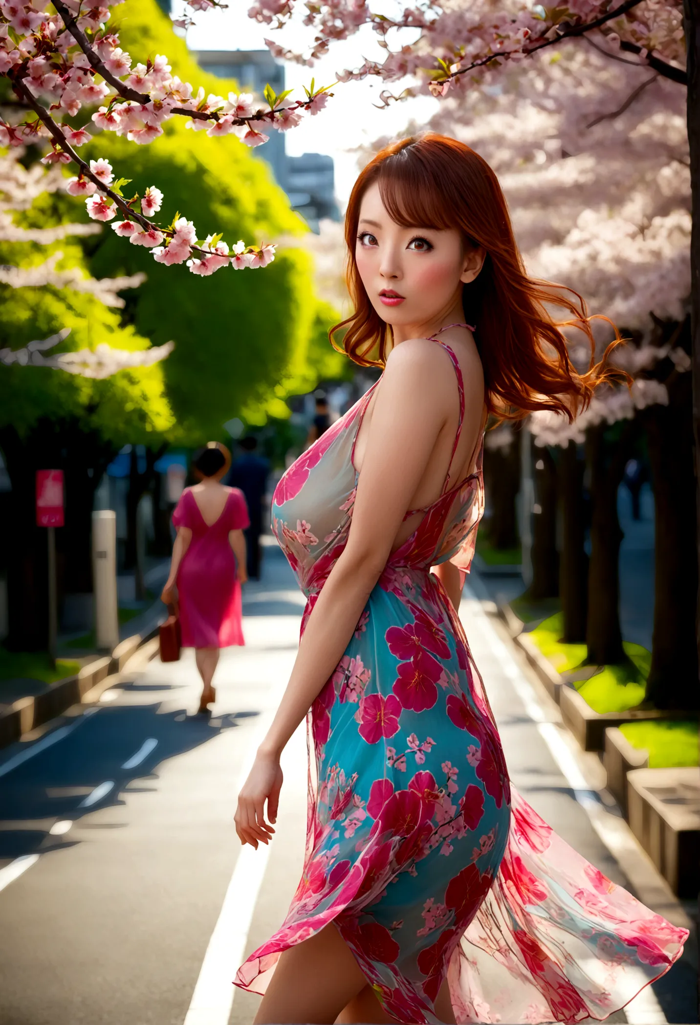 a lovely woman in a sheer brightly colored summer dress, carefree and flirting, low traffic sidewalk in tokyo, detailed face and...